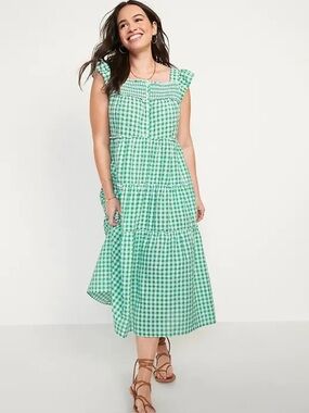 old navy green gingham dress Fit & Flare Lightweight Smocked Gingham Midi Dress